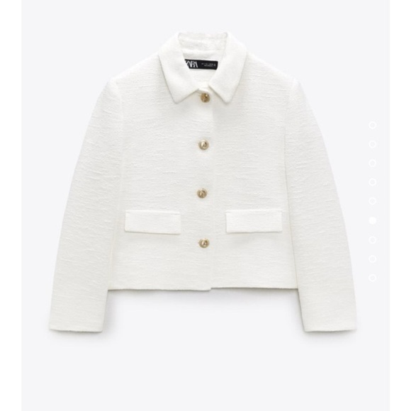 ZARA gold Button white Tweed Blazer Jacket Large - Picture 8 of 9